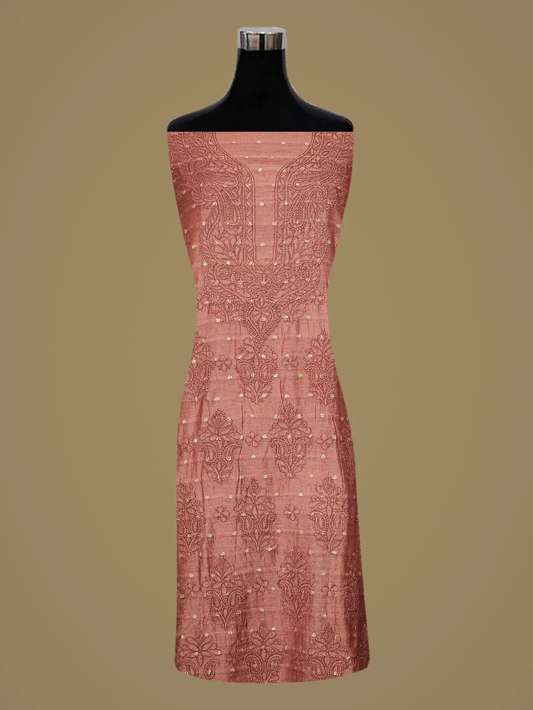 Ada Hand Embroidered Dusty Peach Chanderi Lucknowi Chikankari Unstitched Kurta Piece With Zari Taar Work 01A845415