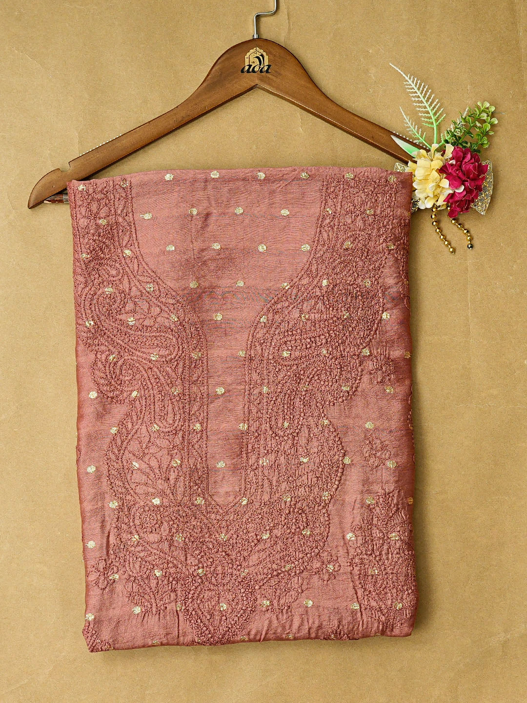 Ada Hand Embroidered Dusty Peach Chanderi Lucknowi Chikankari Unstitched Kurta Piece With Zari Taar Work 01A845415