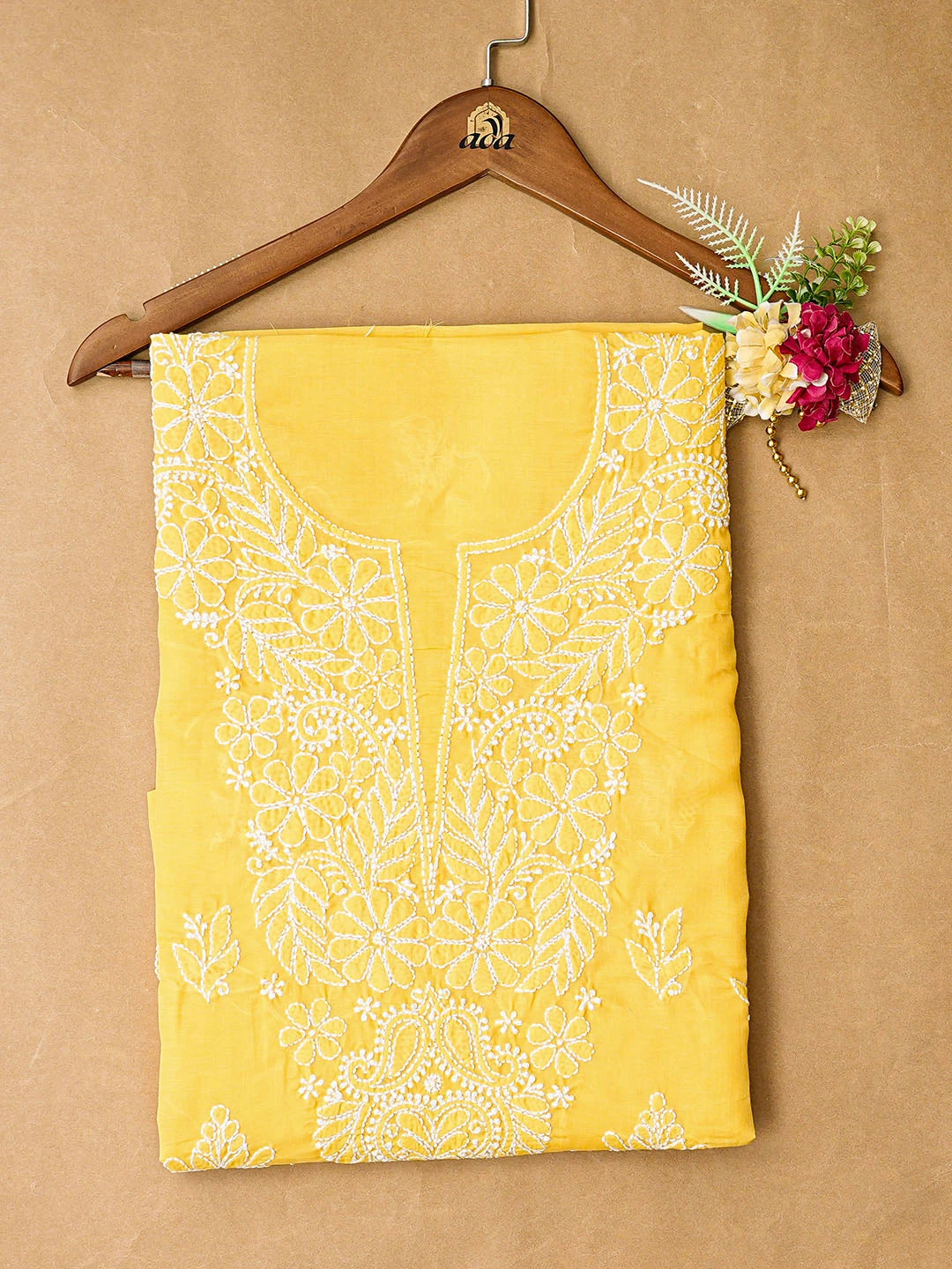 Ada Hand Embroidered Yellow Cotton Lucknowi Chikankari Unstitched Kurta Piece 01A863910