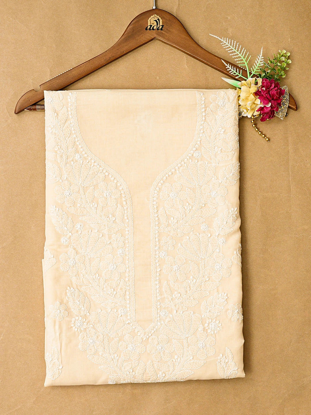 Ada Hand Embroidered Beige Cotton Lucknowi Chikankari Unstitched Kurta Piece 01A863917