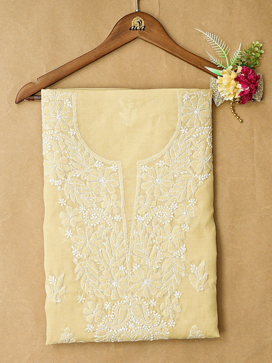 Ada Hand Embroidered Fawn Cotton Lucknowi Chikankari Unstitched Kurta Piece 01A863879