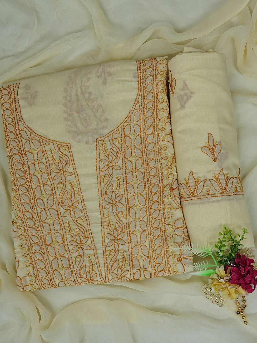 Ada Hand Embroidered Buff Fawn Cotton Lucknowi Chikankari Unstitched Suit Piece 01A829723