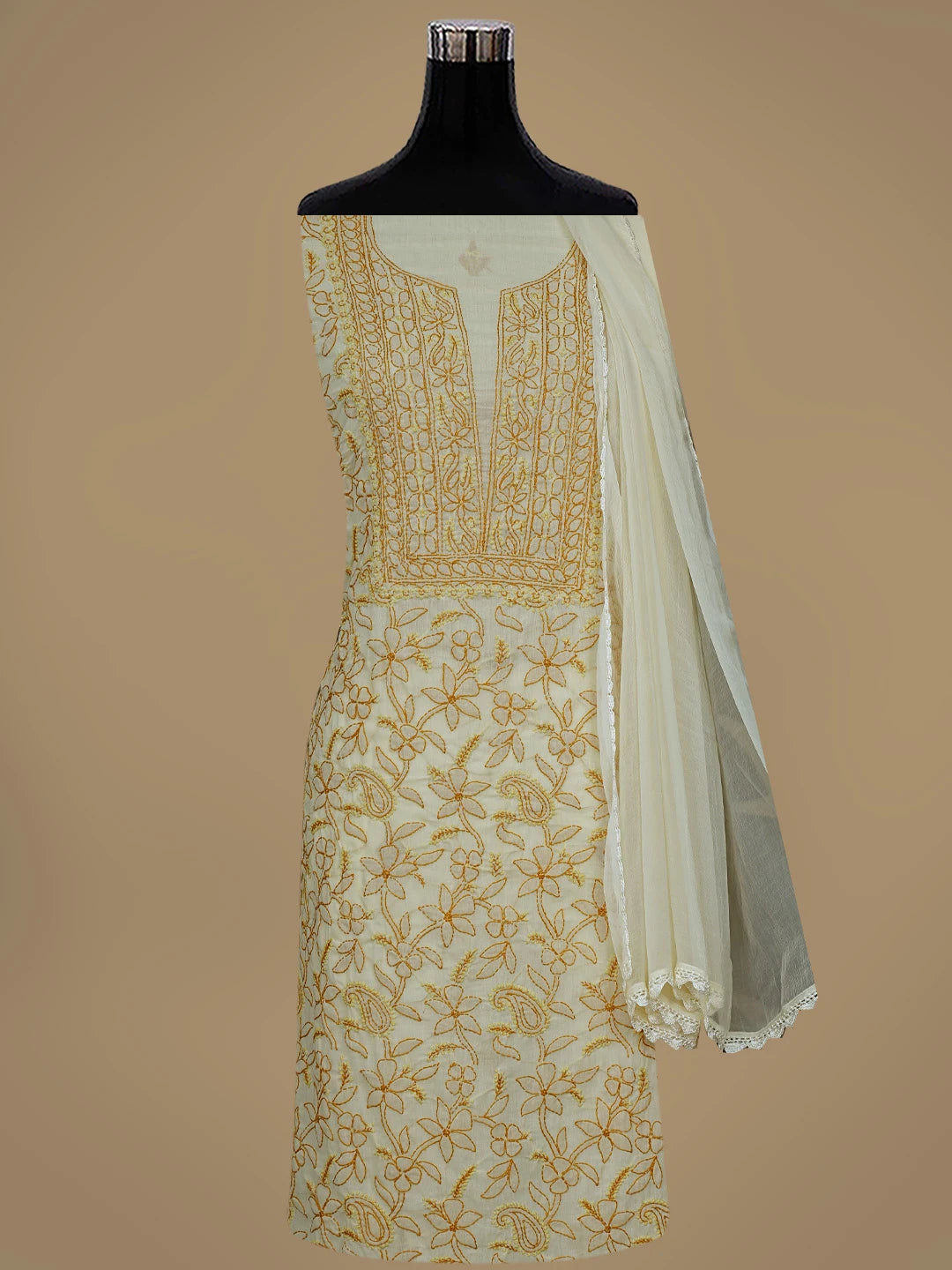 Ada Hand Embroidered Buff Fawn Cotton Lucknowi Chikankari Unstitched Suit Piece 01A829723