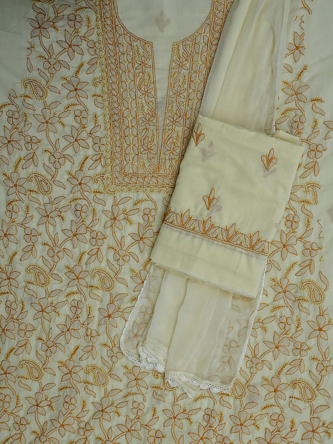 Ada Hand Embroidered Buff Fawn Cotton Lucknowi Chikankari Unstitched Suit Piece 01A829723