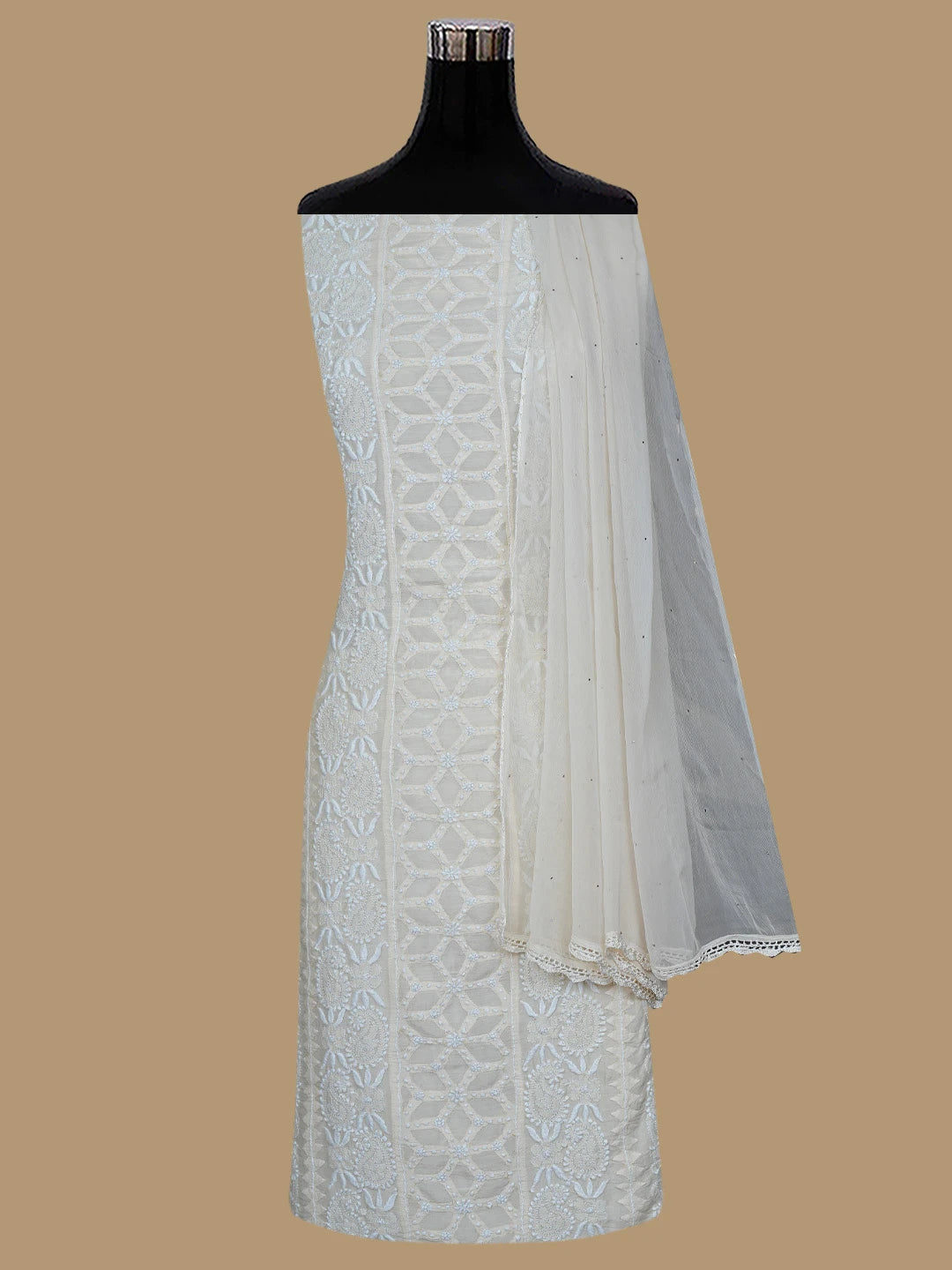 Ada Hand Embroidered Tuscan Fawn Muslin Lucknowi Chikankari Unstitched Suit Piece With Muqaish Work 01A853341