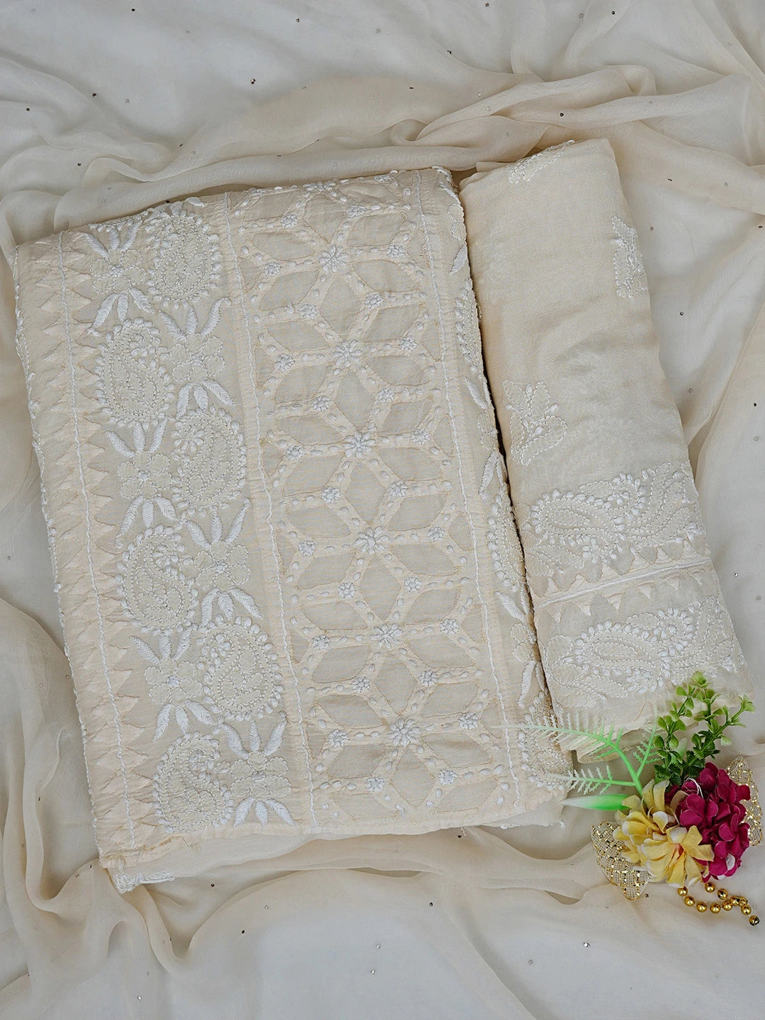 Ada Hand Embroidered Tuscan Fawn Muslin Lucknowi Chikankari Unstitched Suit Piece With Muqaish Work 01A853341