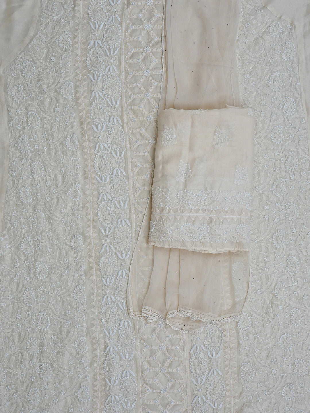 Ada Hand Embroidered Tuscan Fawn Muslin Lucknowi Chikankari Unstitched Suit Piece With Muqaish Work 01A853341