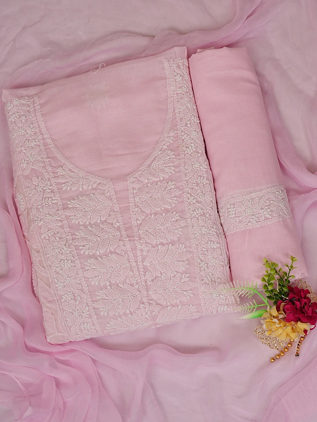 Ada Hand Embroidered Pink Cotton Lucknowi Chikankari Unstitched Suit Piece 01A821971