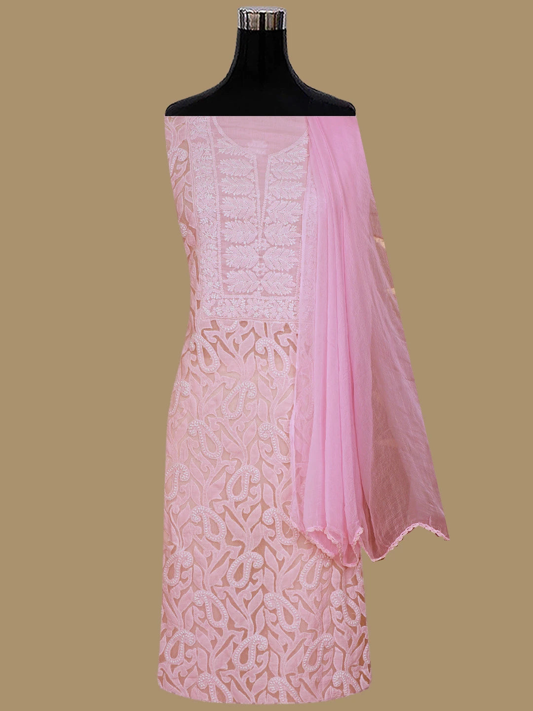 Ada Hand Embroidered Pink Cotton Lucknowi Chikankari Unstitched Suit Piece 01A821971
