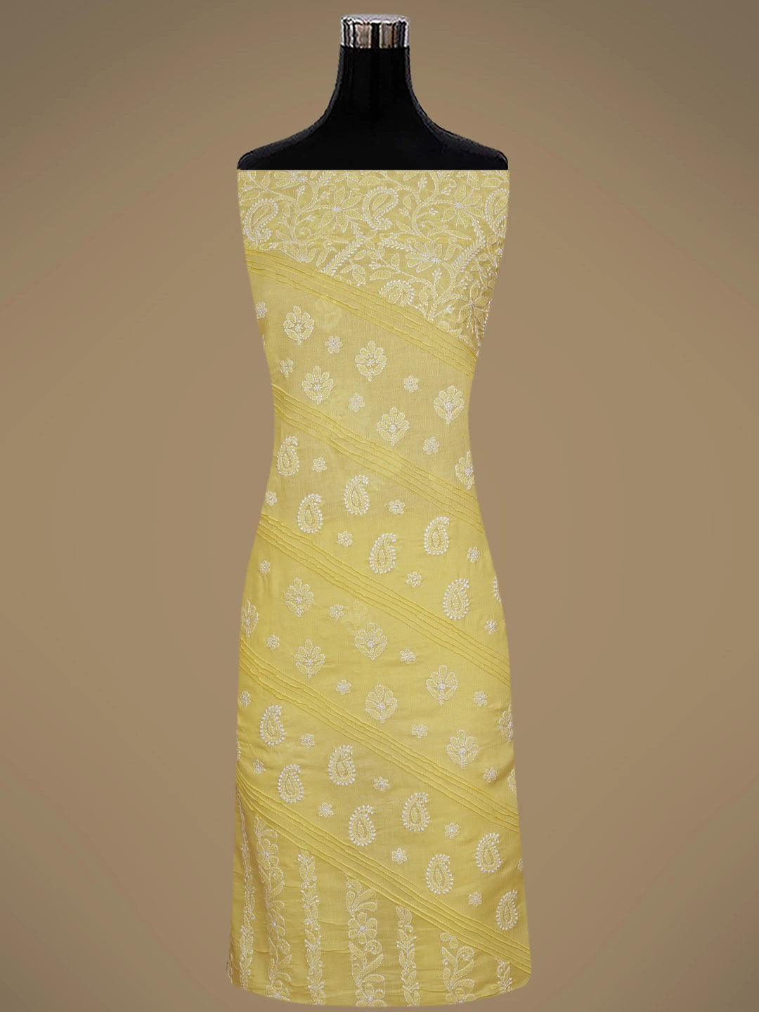 Ada Hand Embroidered Yellow Cotton Lucknowi Chikankari Unstitched Suit Piece With Muqaish Work 01A735974