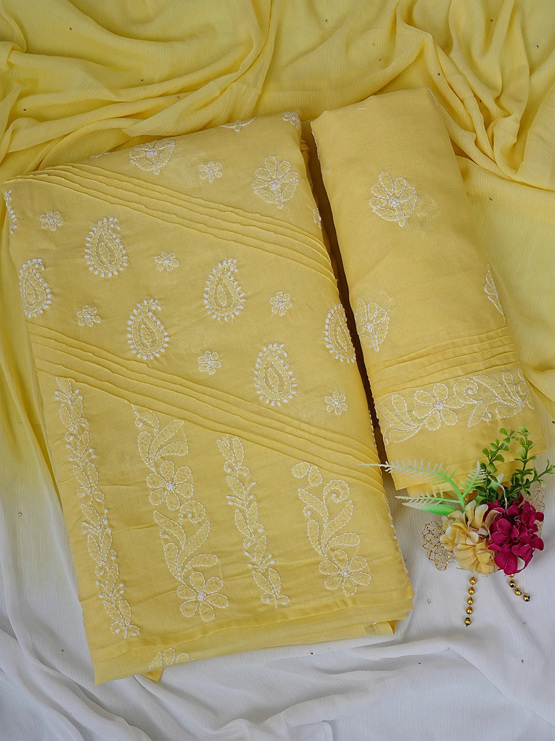 Ada Hand Embroidered Yellow Cotton Lucknowi Chikankari Unstitched Suit Piece With Muqaish Work 01A735974
