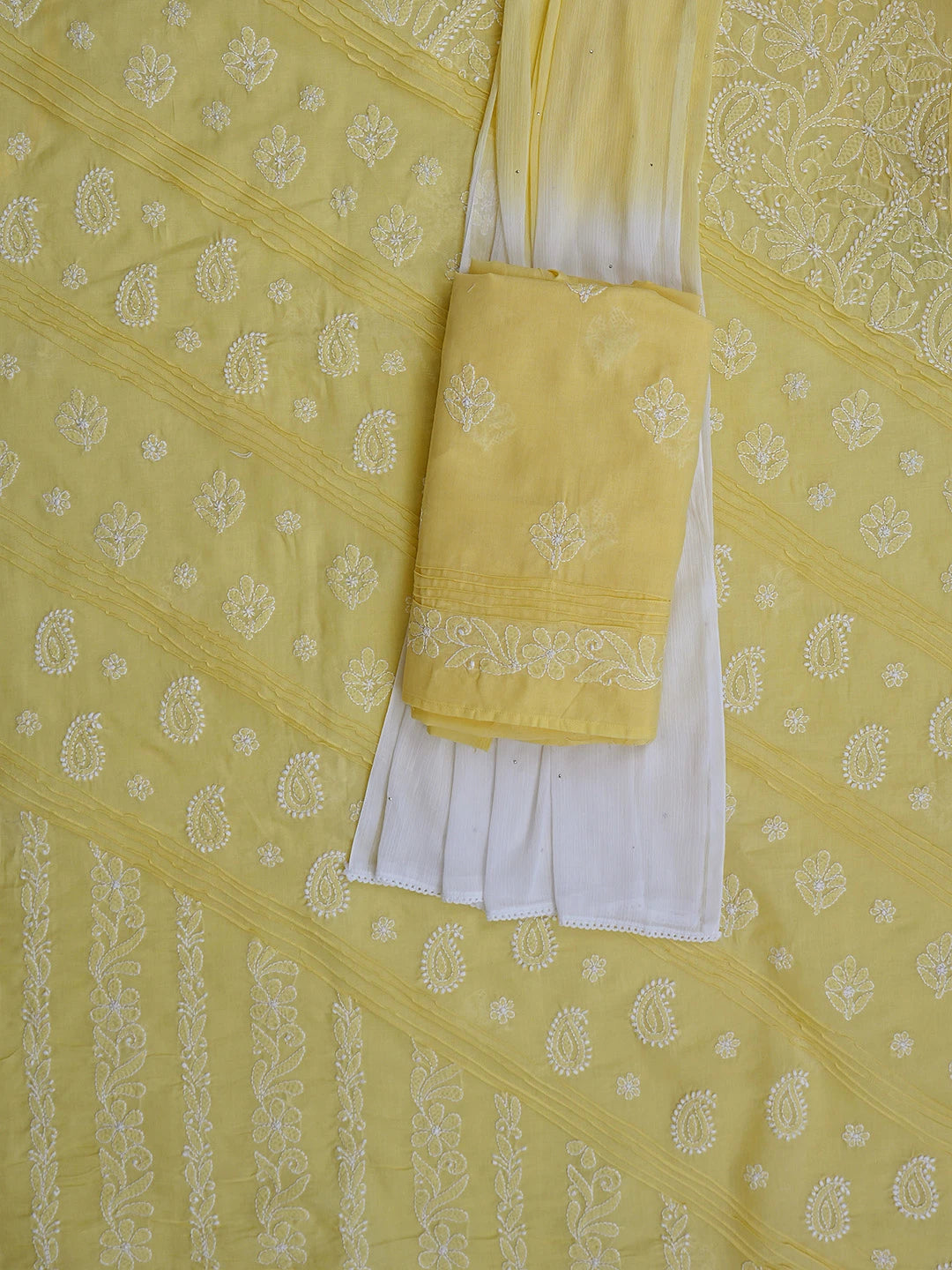 Ada Hand Embroidered Yellow Cotton Lucknowi Chikankari Unstitched Suit Piece With Muqaish Work 01A735974