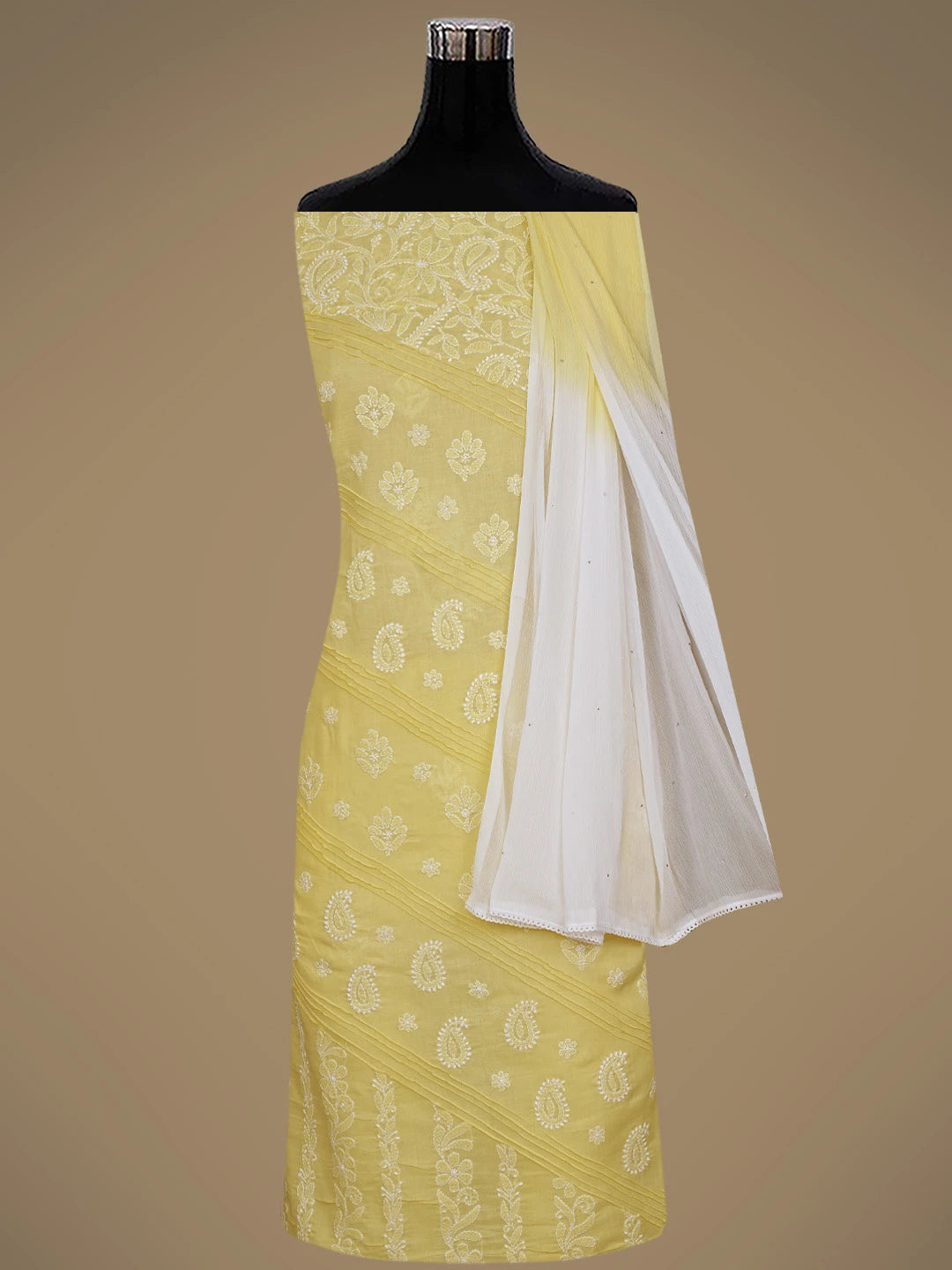 Ada Hand Embroidered Yellow Cotton Lucknowi Chikankari Unstitched Suit Piece With Muqaish Work 01A735974