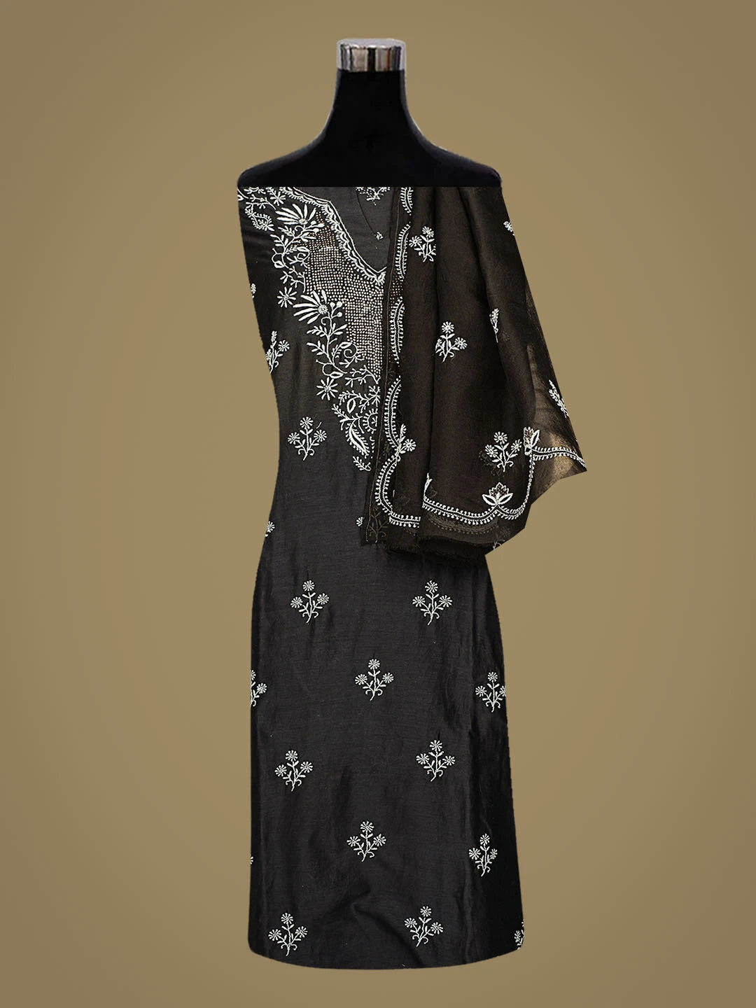 Ada Hand Embroidered Black Chanderi Lucknowi Chikankari Semi-Stitched Suit Piece With Mukaish Work 01A705027