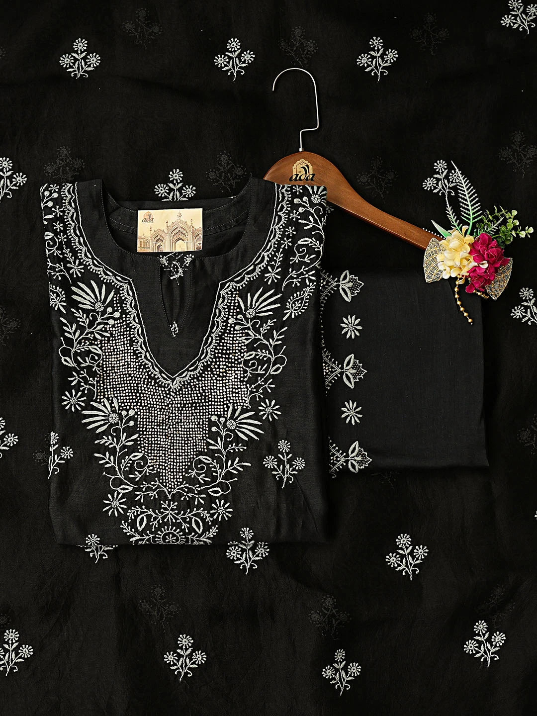 Ada Hand Embroidered Black Chanderi Lucknowi Chikankari Semi-Stitched Suit Piece With Mukaish Work 01A705027