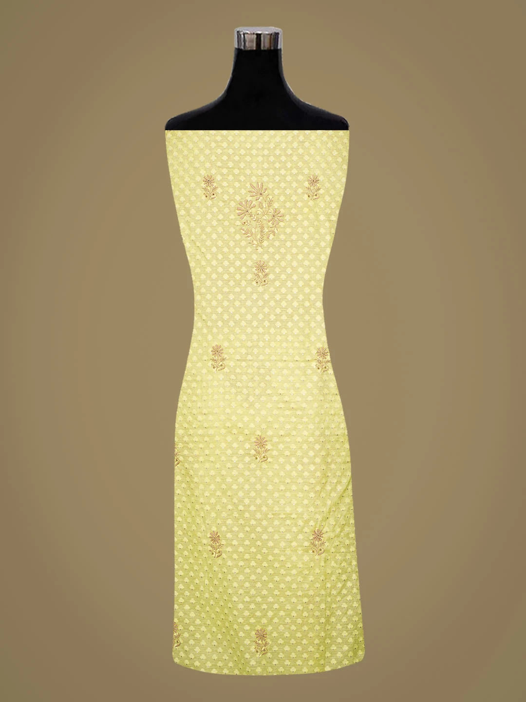 Ada Hand Embroidered Lemon Chanderi Lucknowi Chikankari Unstitched Kurta Dupatta Set With Mukaish Work 01A584743