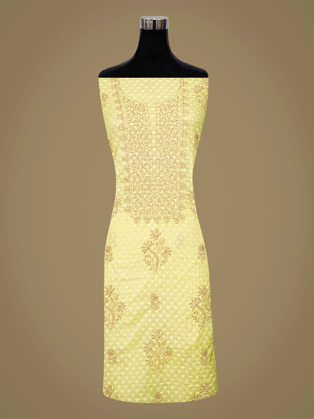 Ada Hand Embroidered Lemon Chanderi Lucknowi Chikankari Unstitched Kurta Dupatta Set With Mukaish Work 01A584743
