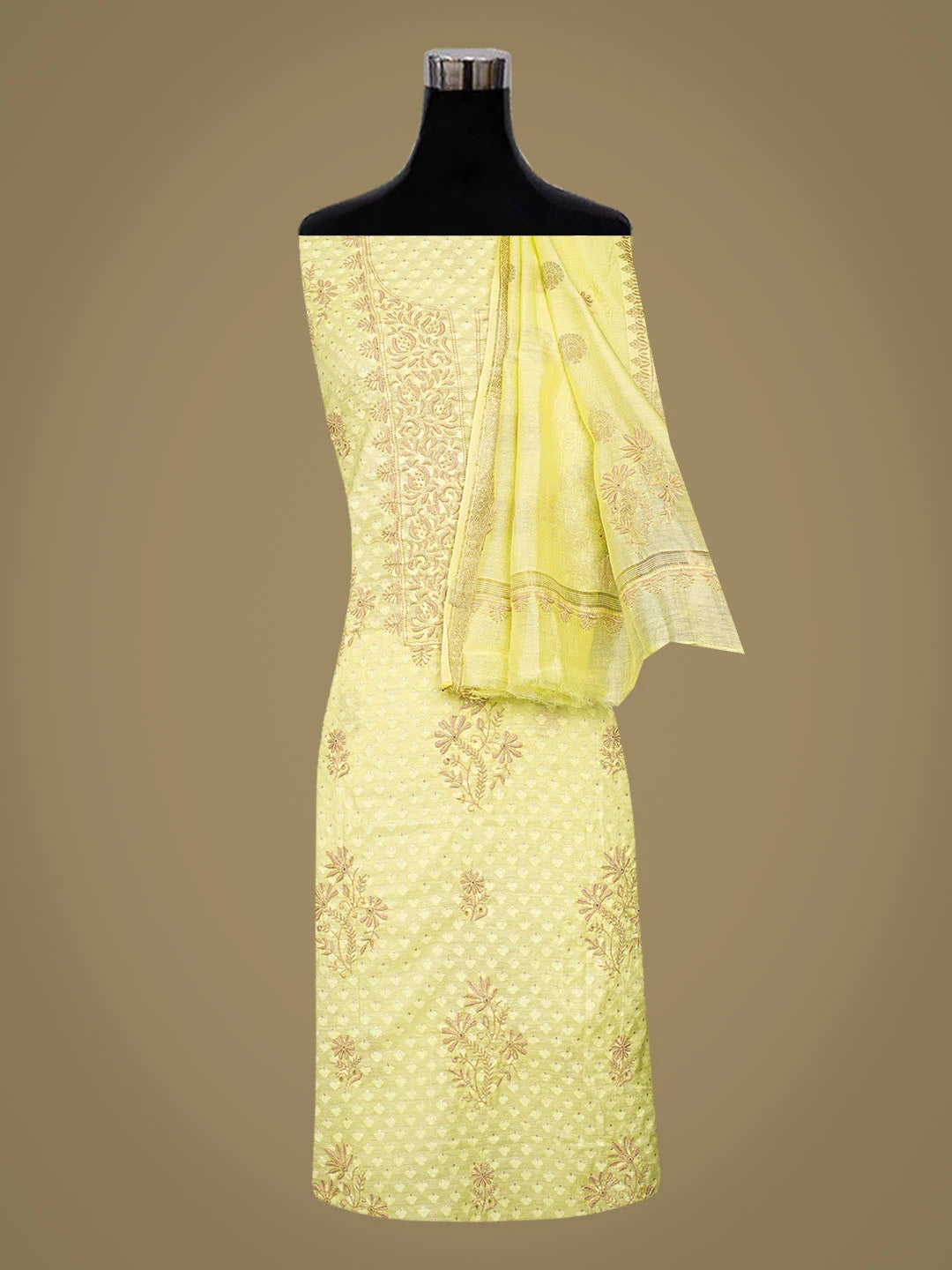Ada Hand Embroidered Lemon Chanderi Lucknowi Chikankari Unstitched Kurta Dupatta Set With Mukaish Work 01A584743