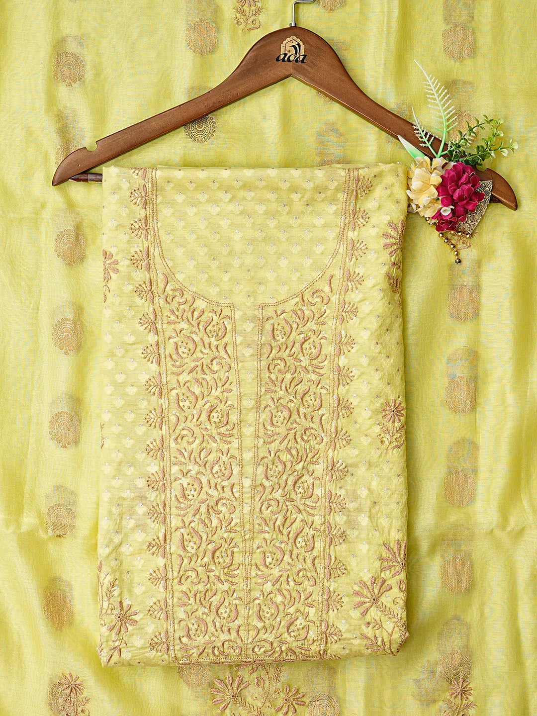 Ada Hand Embroidered Lemon Chanderi Lucknowi Chikankari Unstitched Kurta Dupatta Set With Mukaish Work 01A584743