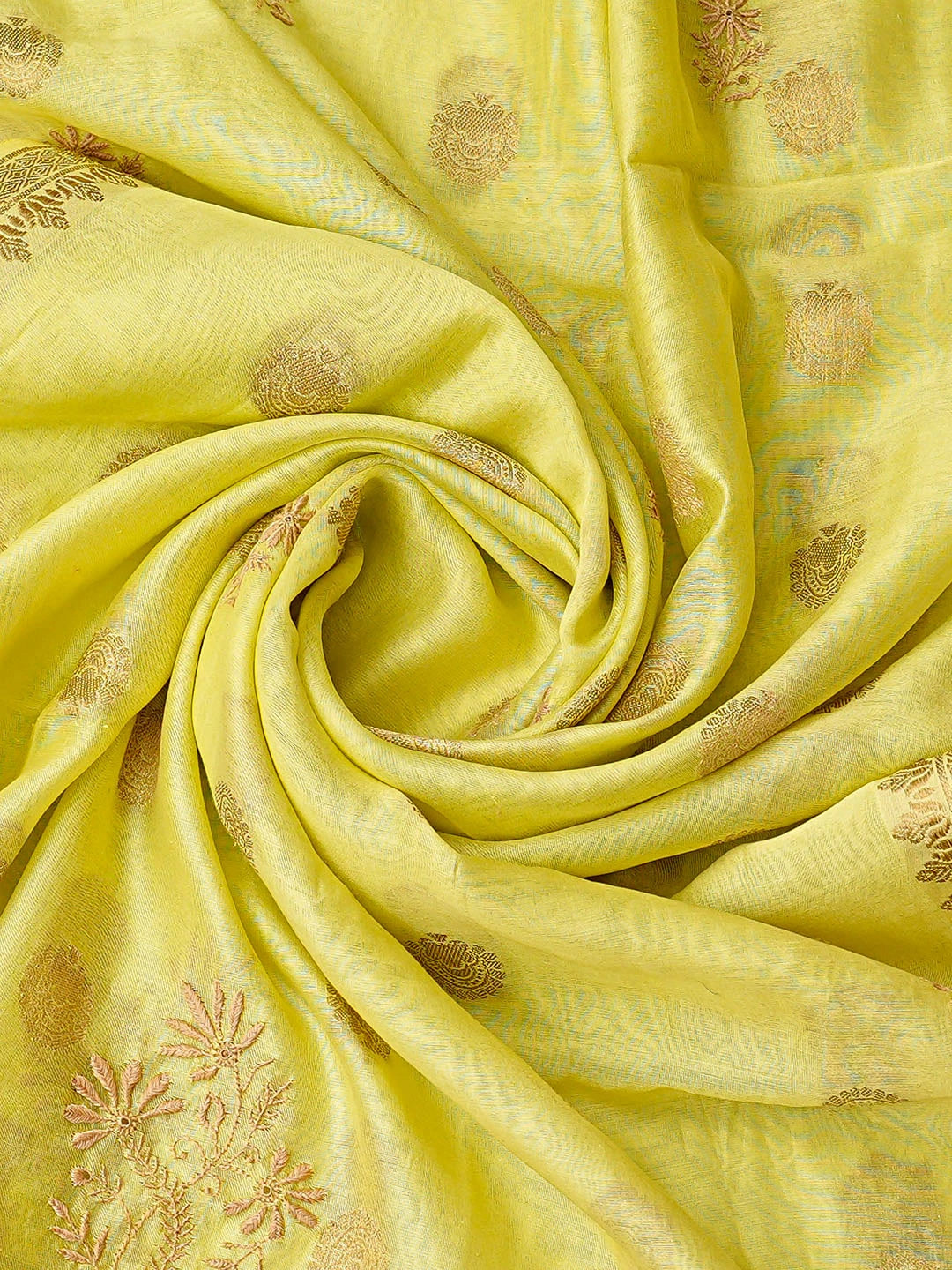 Ada Hand Embroidered Lemon Chanderi Lucknowi Chikankari Unstitched Kurta Dupatta Set With Mukaish Work 01A584743