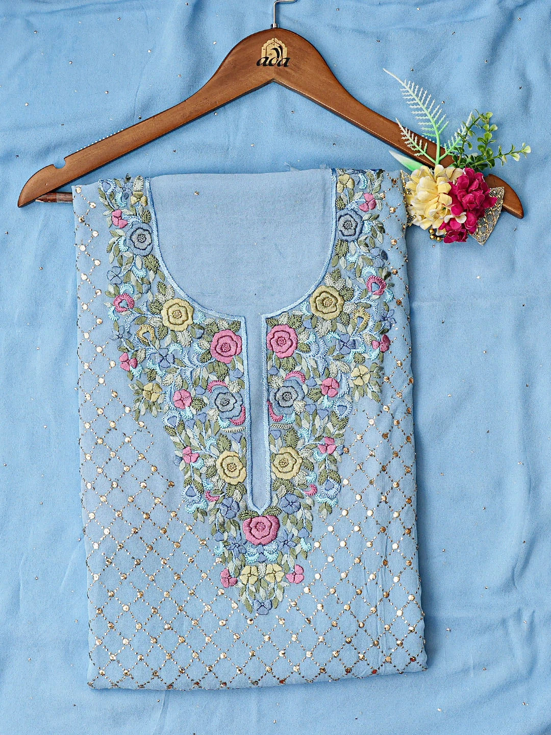 Ada Hand Embroidered Blue Viscose Georgette Lucknowi Chikankari Unstitched Kurta Dupatta Set With Mukaish Work 01A622958
