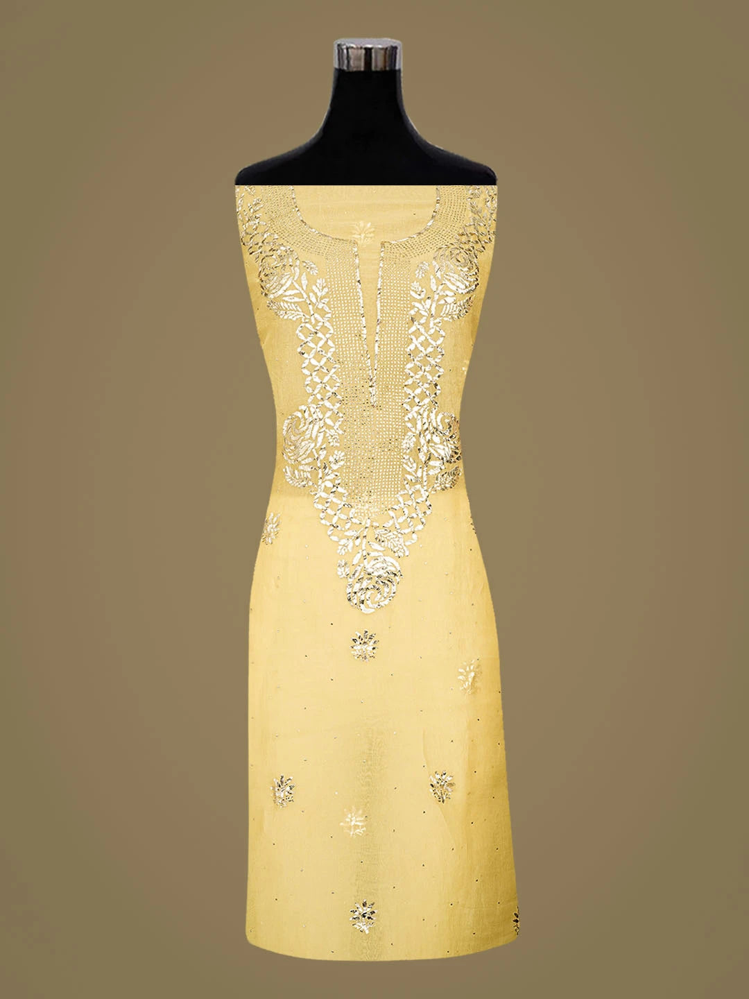 Ada Hand Embroidered Beige Organza Lucknowi Chikankari Unstitched Kurta Dupatta Set With Mukaish Work 01A846316