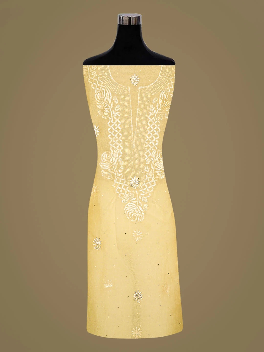 Ada Hand Embroidered Beige Organza Lucknowi Chikankari Unstitched Kurta Dupatta Set With Mukaish Work 01A846316