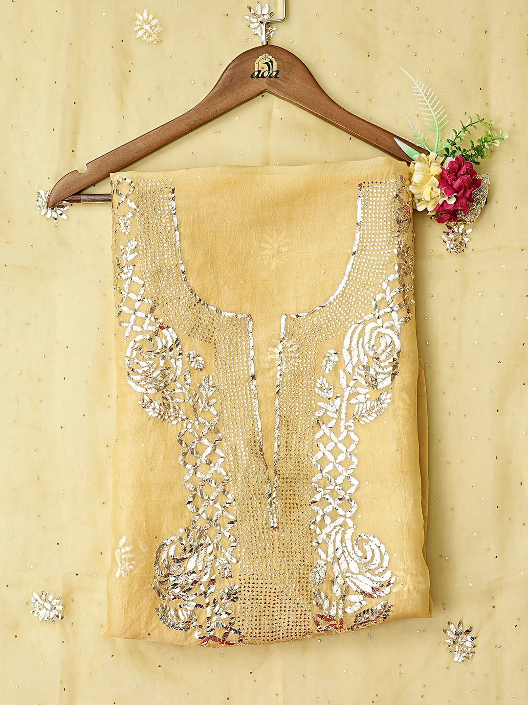 Ada Hand Embroidered Beige Organza Lucknowi Chikankari Unstitched Kurta Dupatta Set With Mukaish Work 01A846316