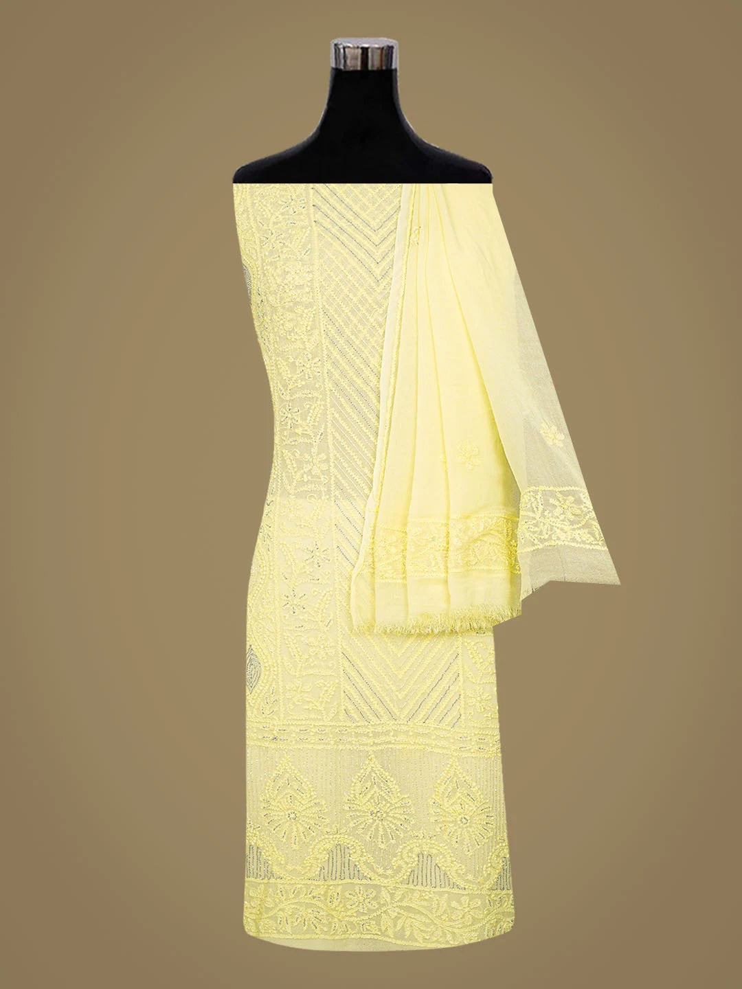 Ada Hand Embroidered Lemon Viscose Georgette Lucknowi Chikankari Unstitched Kurta Dupatta Set With Cutdana Work 01A778563