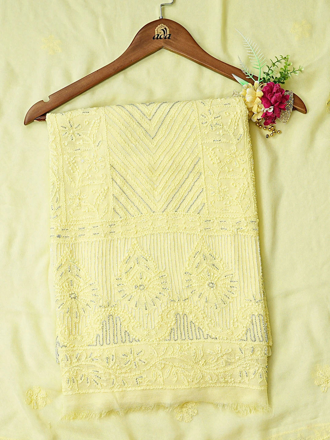 Ada Hand Embroidered Lemon Viscose Georgette Lucknowi Chikankari Unstitched Kurta Dupatta Set With Cutdana Work 01A778563