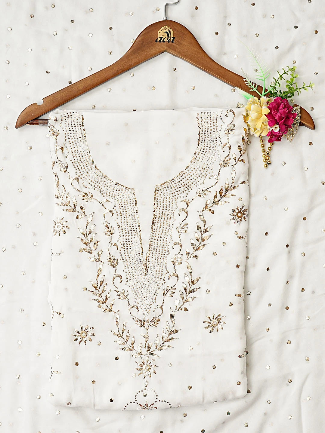 Ada Hand Embroidered White Viscose Georgette Lucknowi Chikankari Unstitched Kurta Dupatta Set With Mukaish Work 01A844979