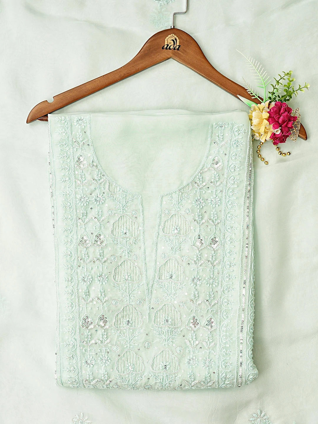 Ada Hand Embroidered Sea Green Organza Lucknowi Chikankari Unstitched Kurta Dupatta Set With Cutdana Work 01A792739