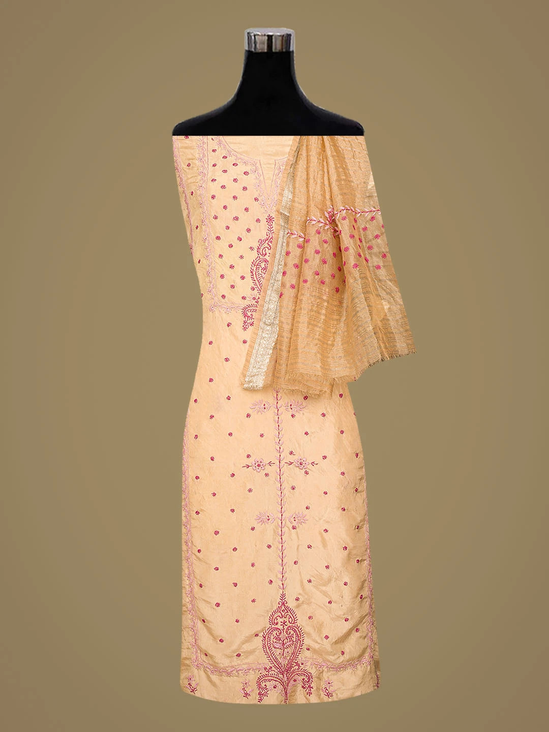 Ada Hand Embroidered Fawn Silk Lucknowi Chikankari Unstitched Kurta Dupatta Set 01A796088