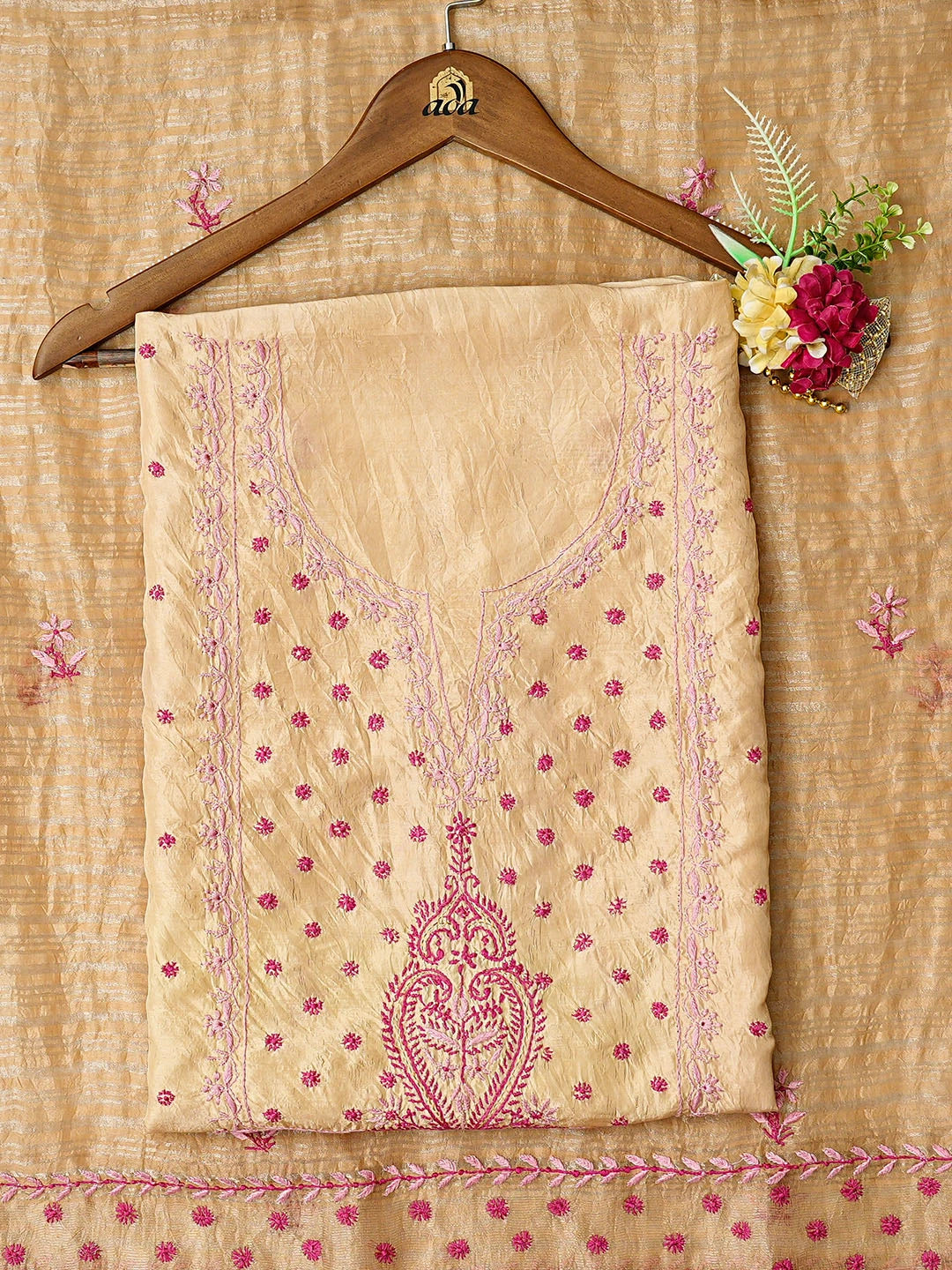 Ada Hand Embroidered Fawn Silk Lucknowi Chikankari Unstitched Kurta Dupatta Set 01A796088