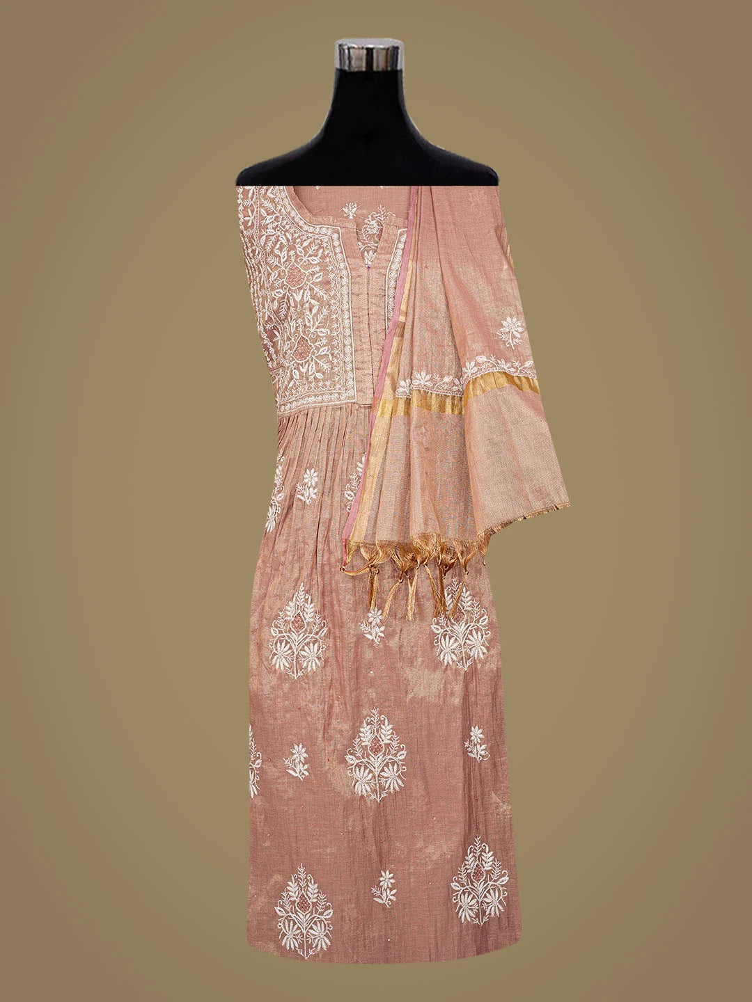 Ada Hand Embroidered Dusty Peach Tissue Lucknowi Chikankari Semi-Stitched Kurta Dupatta Set With Cutdana Work 01A778453