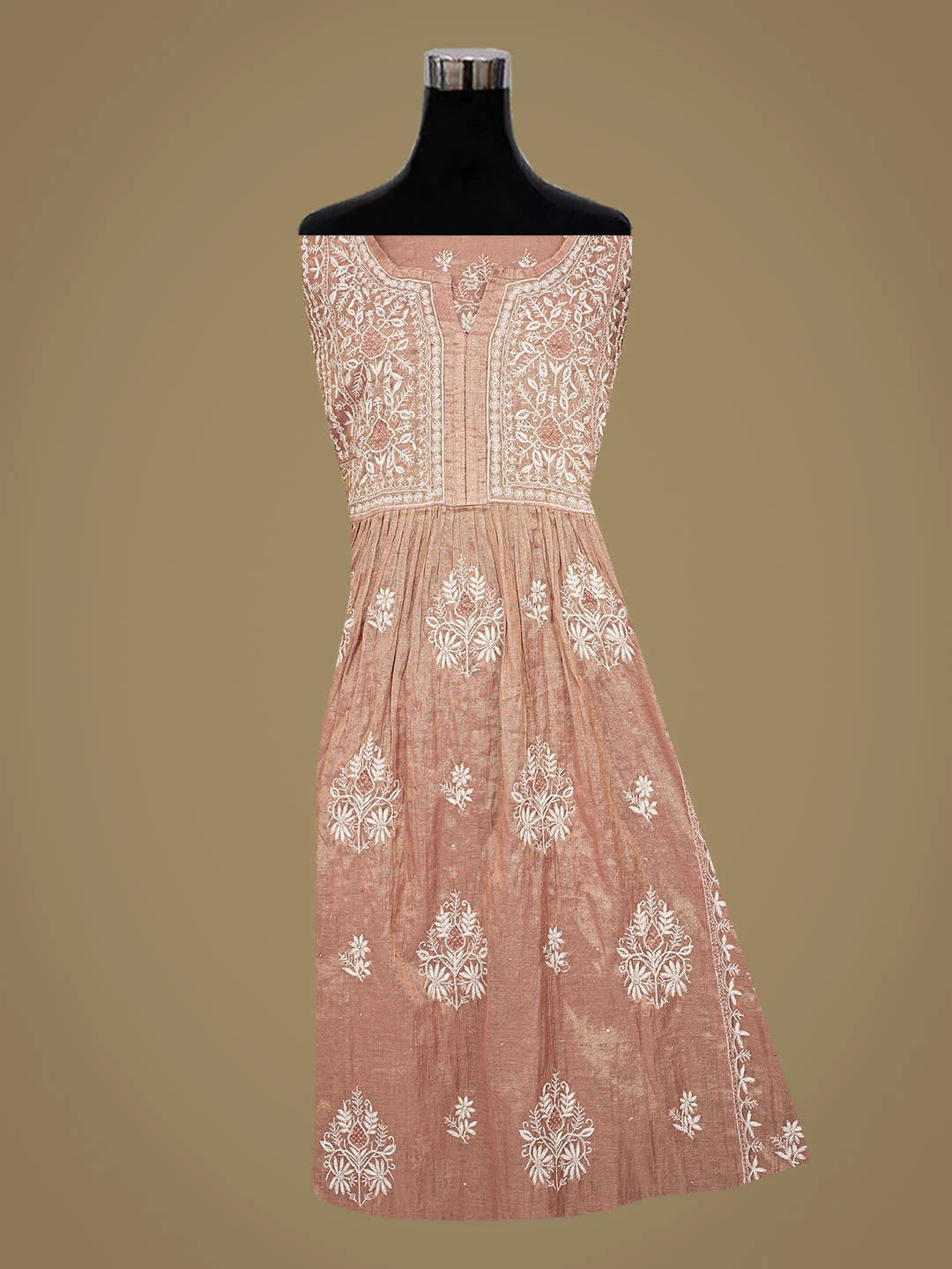 Ada Hand Embroidered Dusty Peach Tissue Lucknowi Chikankari Semi-Stitched Kurta Dupatta Set With Cutdana Work 01A778453