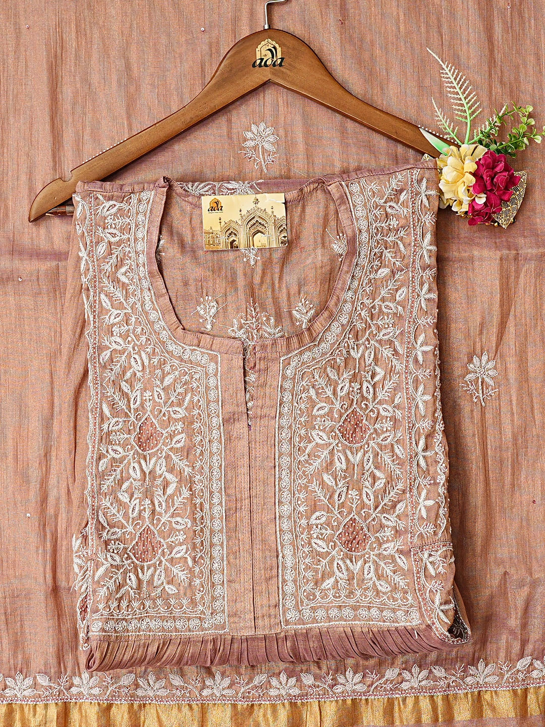 Ada Hand Embroidered Dusty Peach Tissue Lucknowi Chikankari Semi-Stitched Kurta Dupatta Set With Cutdana Work 01A778453