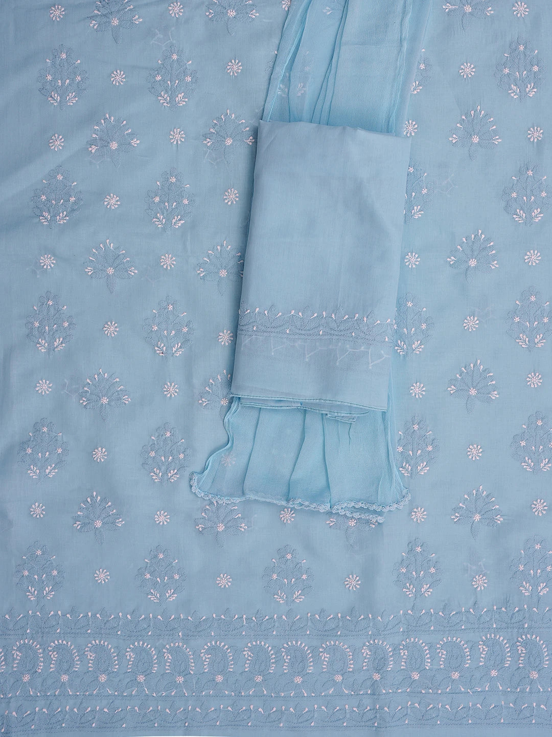 Ada Hand Embroidered Blue Cotton Lucknowi Chikankari Unstitched Suit Piece 01A779732