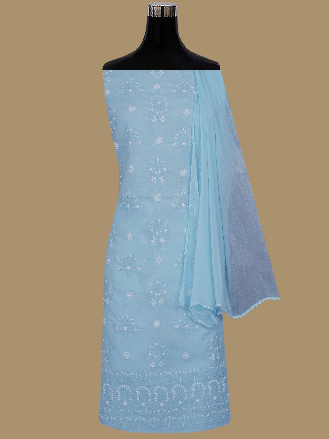 Ada Hand Embroidered Blue Cotton Lucknowi Chikankari Unstitched Suit Piece 01A779732