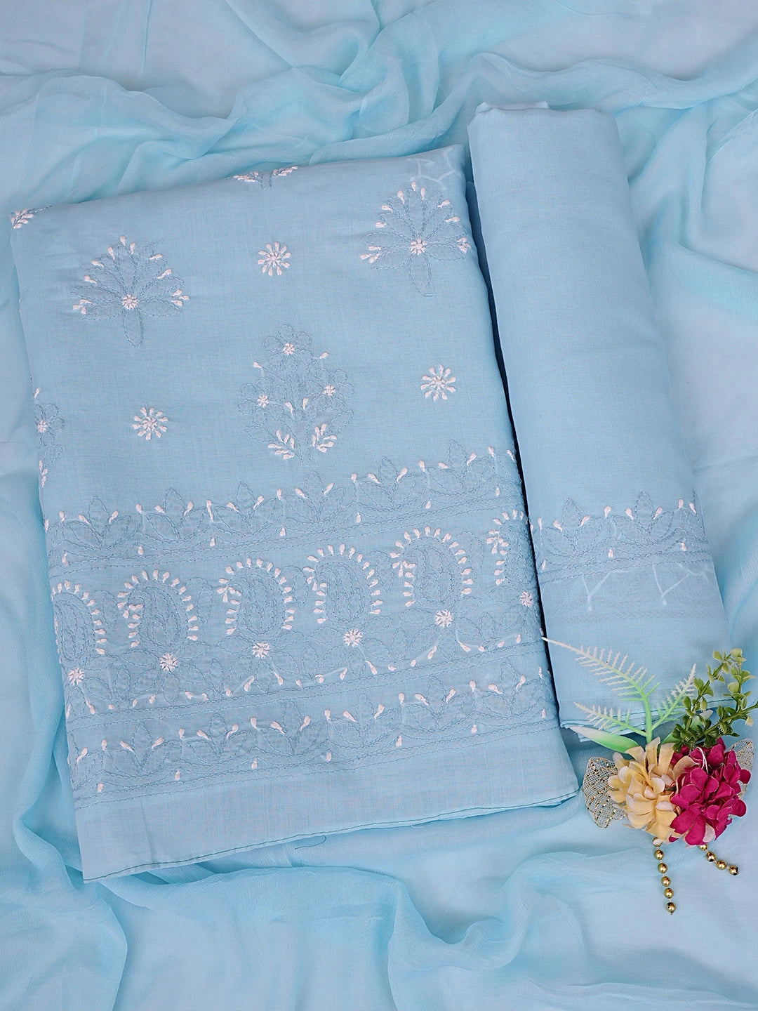 Ada Hand Embroidered Blue Cotton Lucknowi Chikankari Unstitched Suit Piece 01A779732