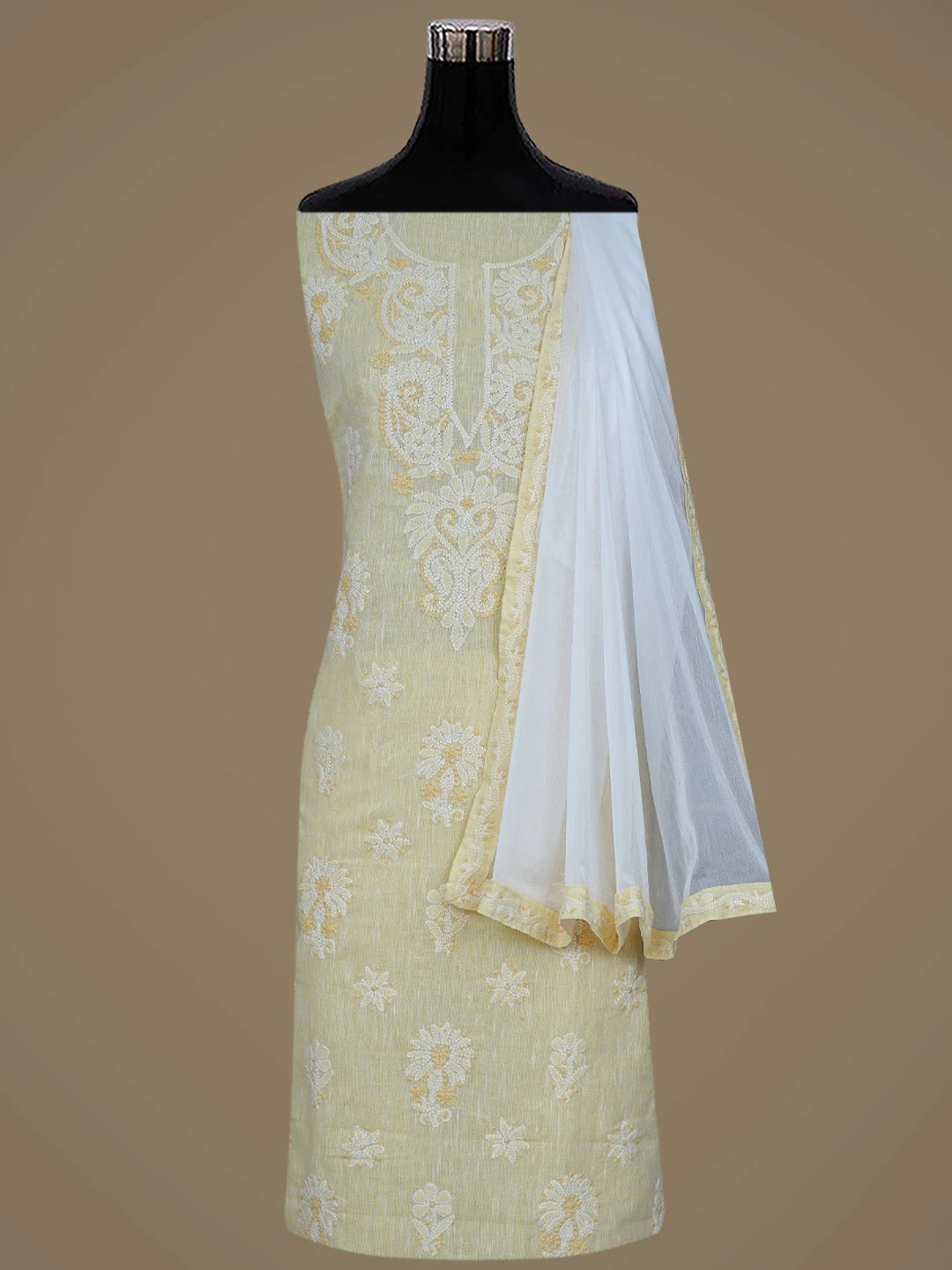 Ada Hand Embroidered Arylide Yellow Linen Lucknowi Chikankari Unstitched Suit Piece 01A792625