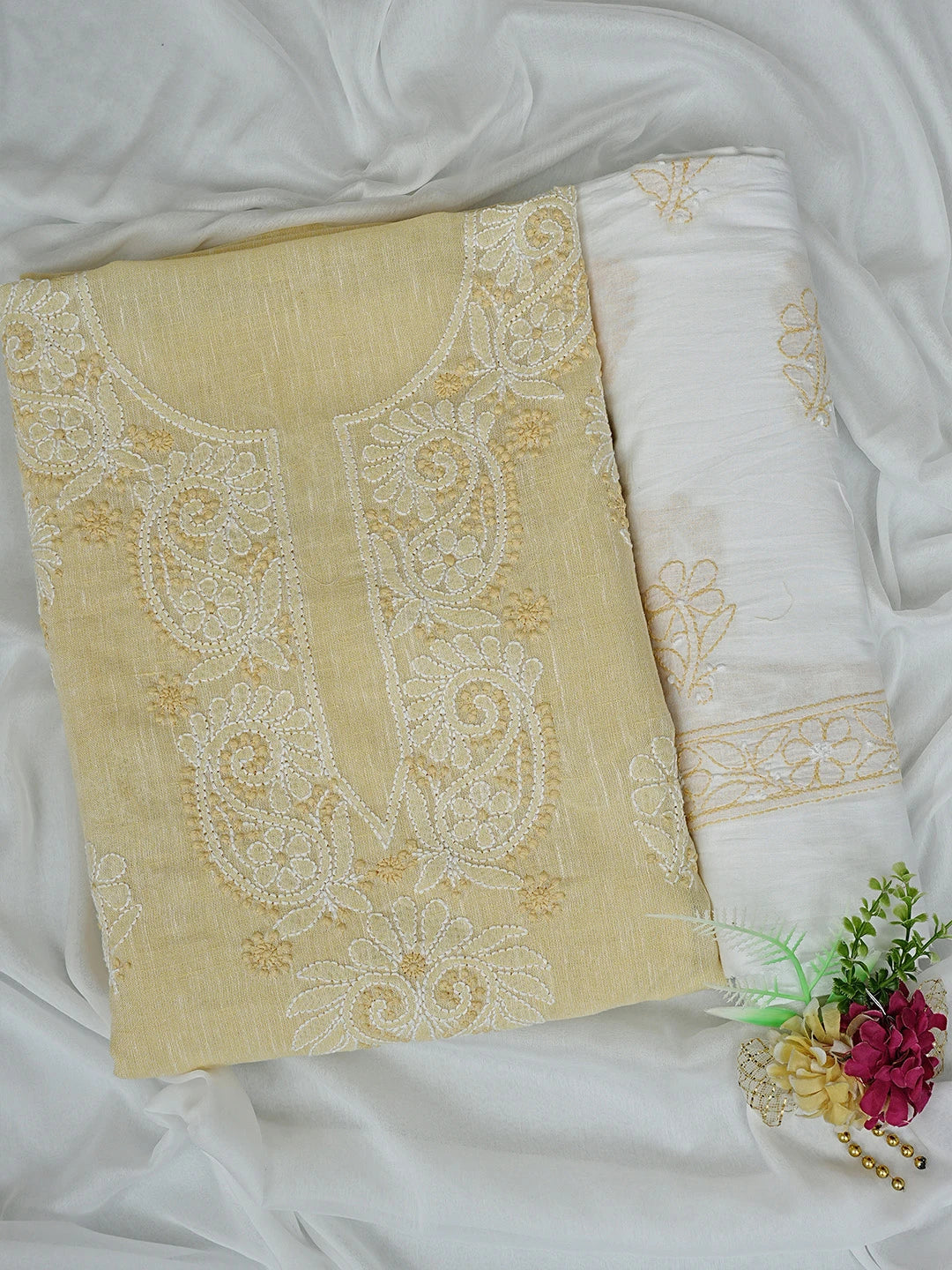 Ada Hand Embroidered Arylide Yellow Linen Lucknowi Chikankari Unstitched Suit Piece 01A792625