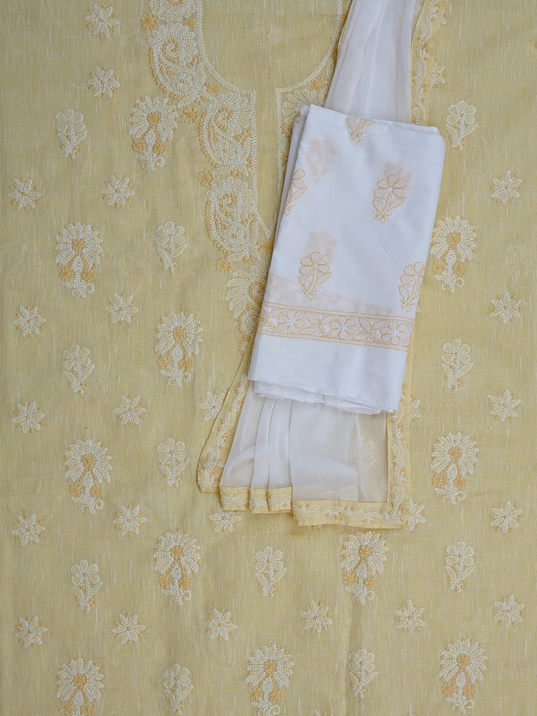 Ada Hand Embroidered Arylide Yellow Linen Lucknowi Chikankari Unstitched Suit Piece 01A792625