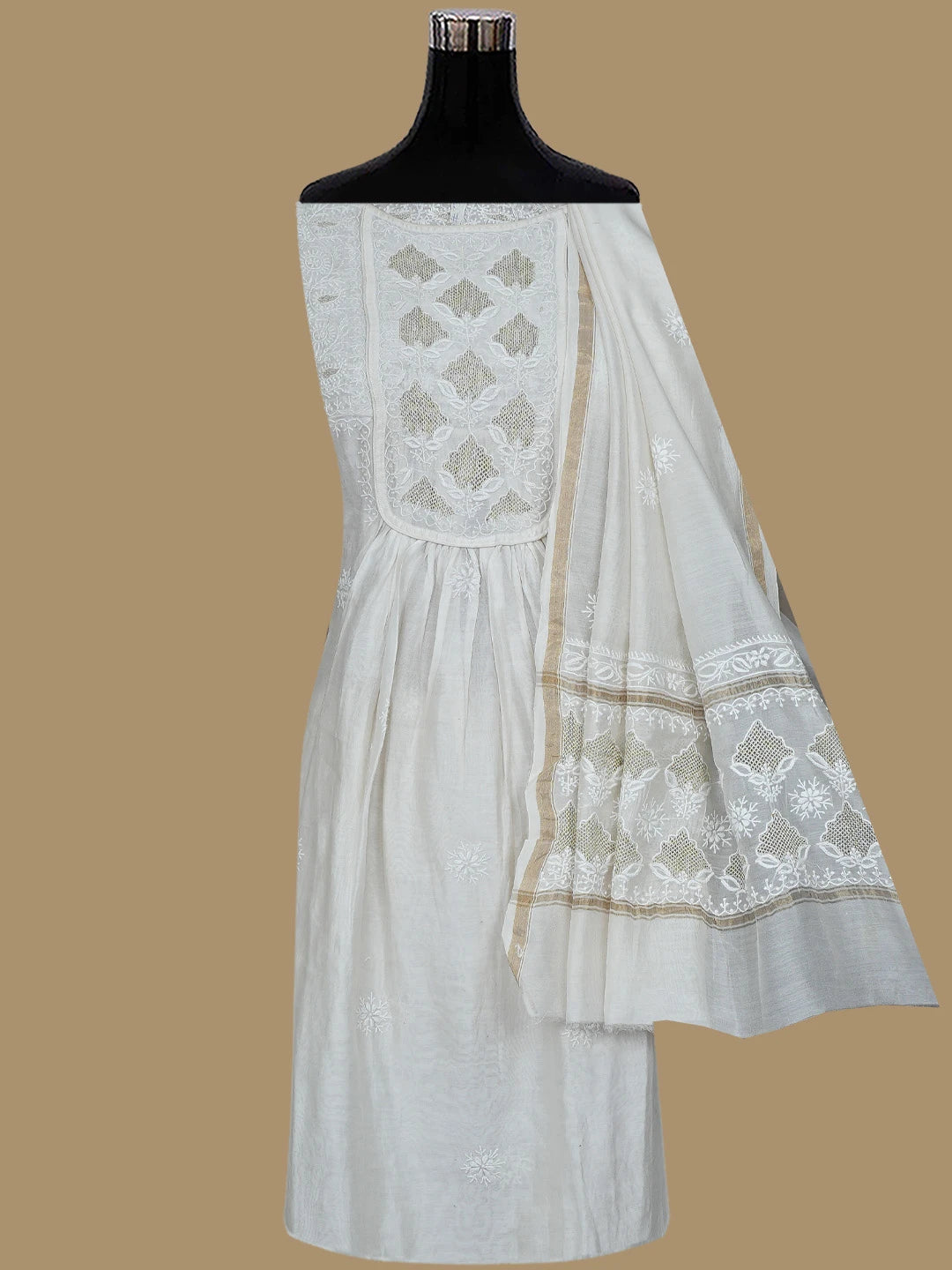 Ada Hand Embroidered White Chanderi Lucknowi Chikankari Semi-Stitched Kurta Dupatta Set With Zari Work 01A224439
