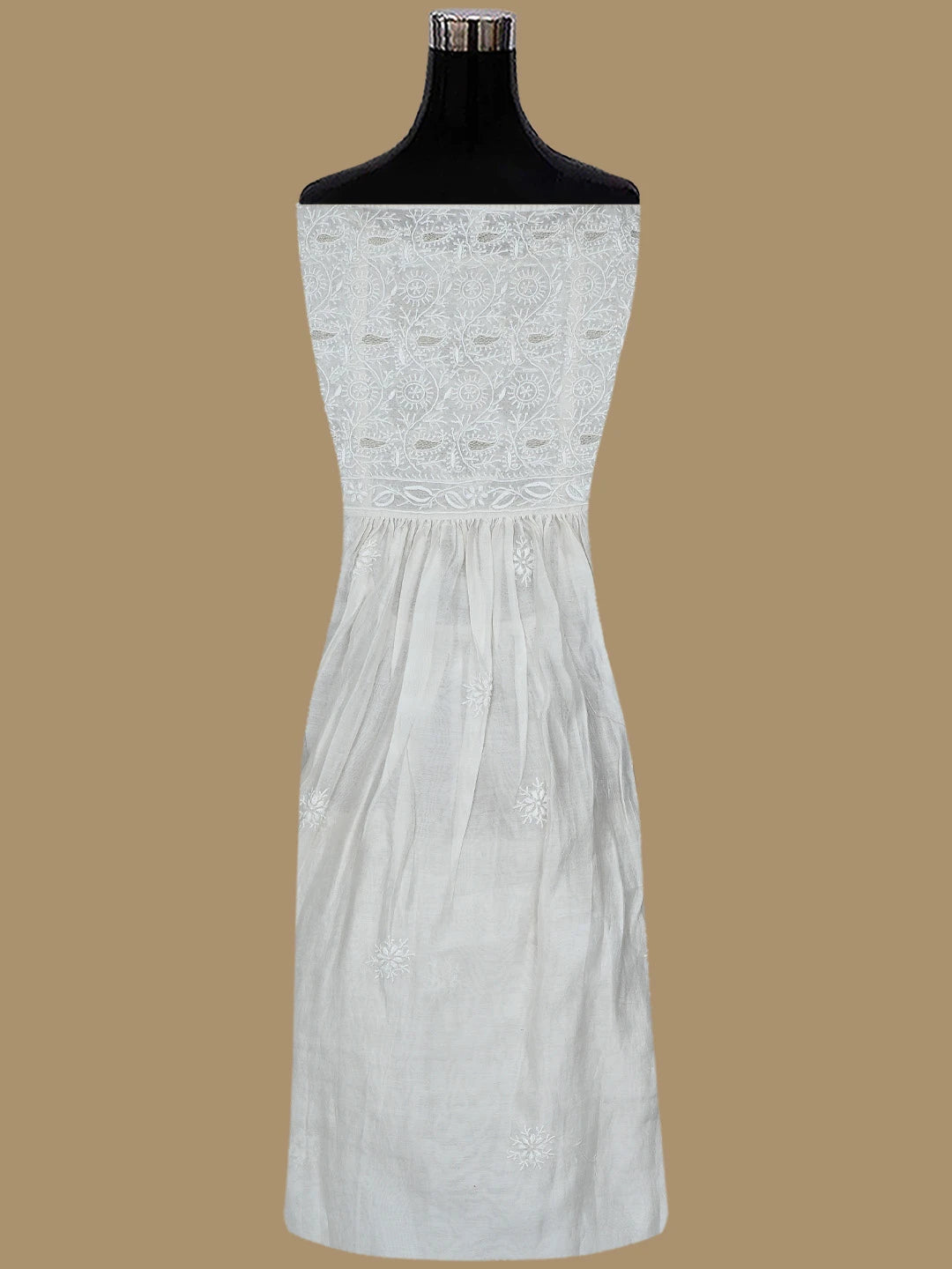 Ada Hand Embroidered White Chanderi Lucknowi Chikankari Semi-Stitched Kurta Dupatta Set With Zari Work 01A224439