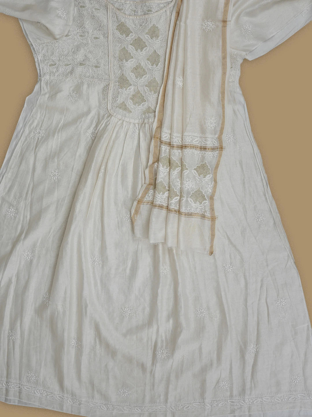 Ada Hand Embroidered White Chanderi Lucknowi Chikankari Semi-Stitched Kurta Dupatta Set With Zari Work 01A224439