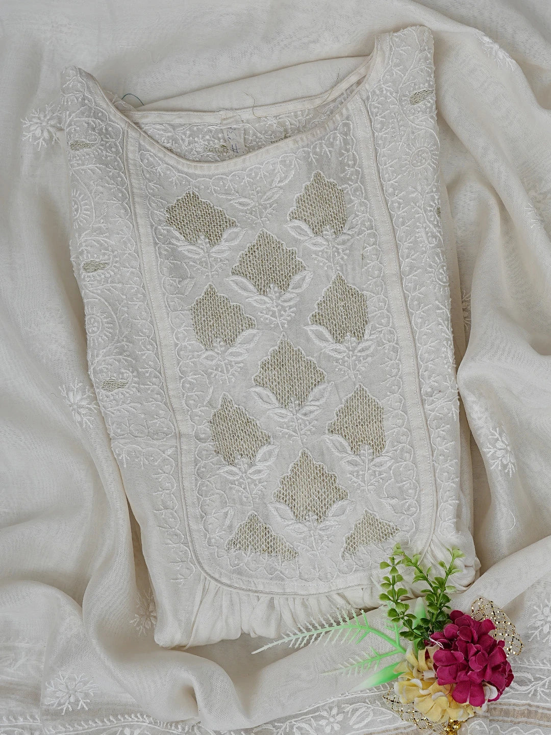 Ada Hand Embroidered White Chanderi Lucknowi Chikankari Semi-Stitched Kurta Dupatta Set With Zari Work 01A224439