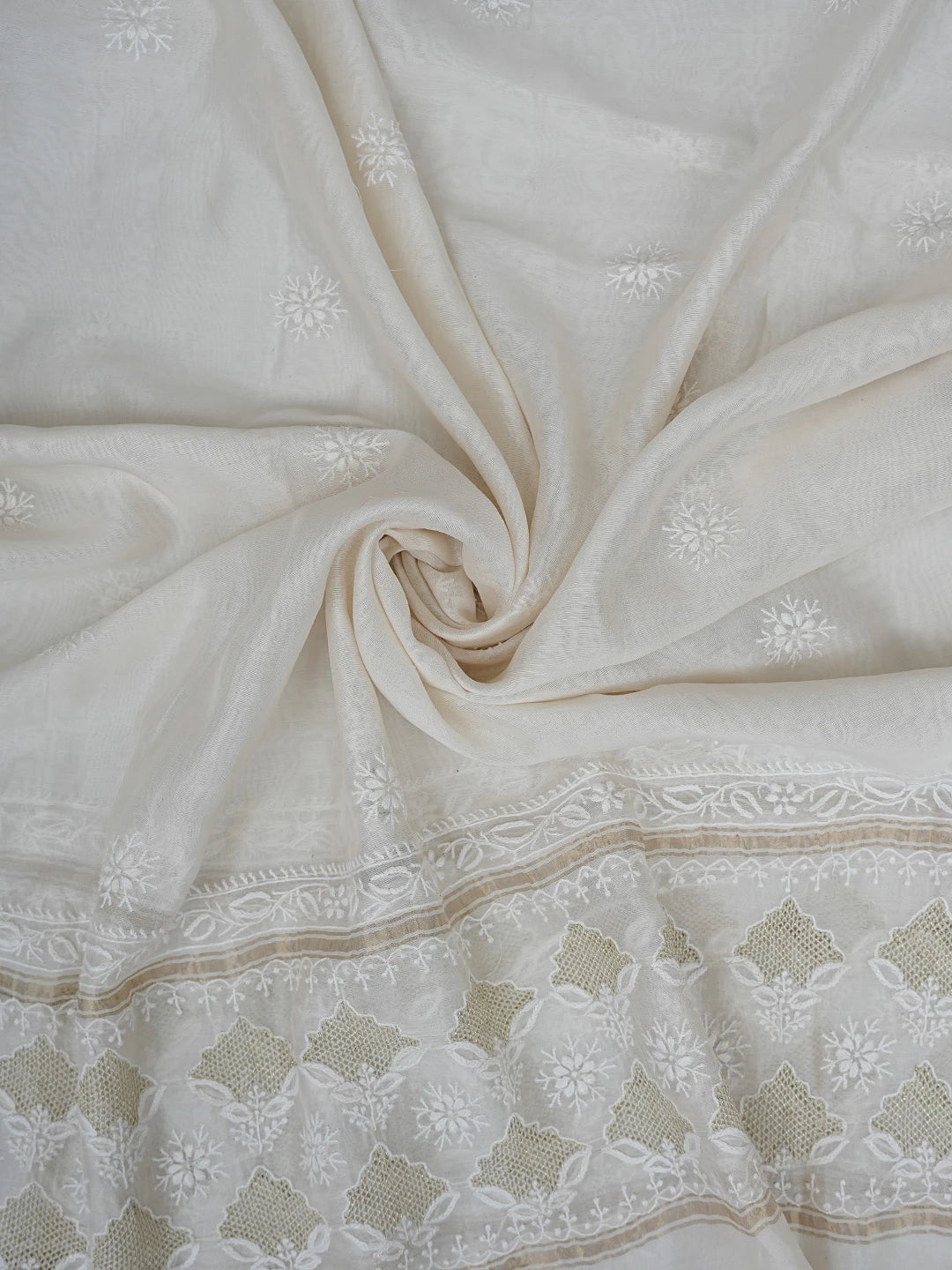 Ada Hand Embroidered White Chanderi Lucknowi Chikankari Semi-Stitched Kurta Dupatta Set With Zari Work 01A224439