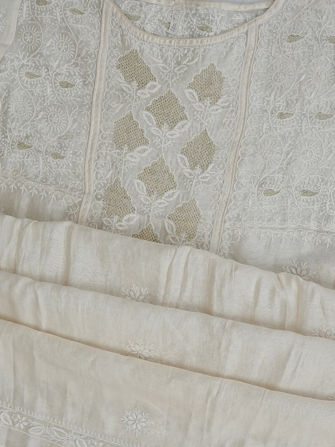 Ada Hand Embroidered White Chanderi Lucknowi Chikankari Semi-Stitched Kurta Dupatta Set With Zari Work 01A224439