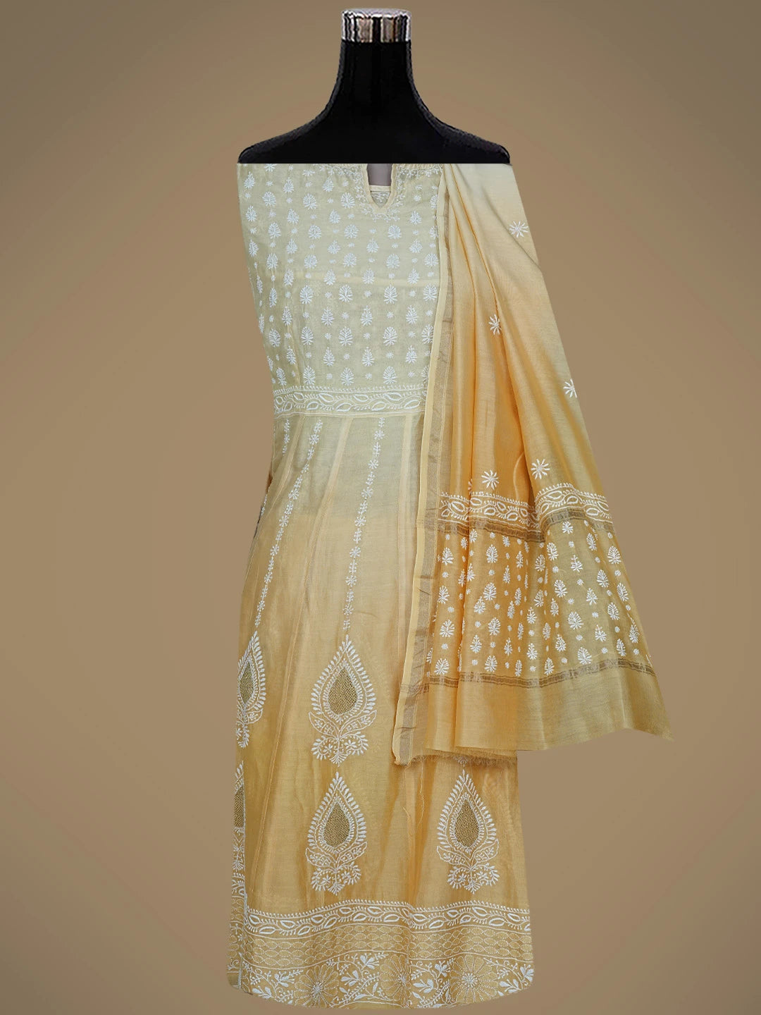 Ada Hand Embroidered Ombre Shade of Yellow Chanderi Lucknowi Chikankari Semi-Stitched Kurta Dupatta Set With Zari Work 01A224432